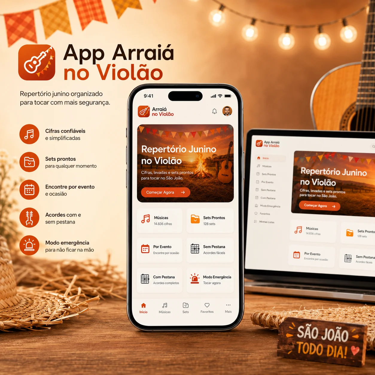 App Arraiá no Violão demonstrado no celular e no computador